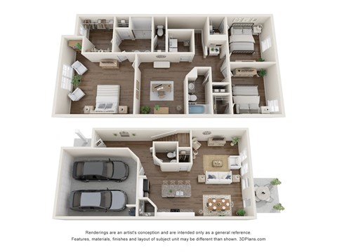 a stylized 3d floor plan of a house with a bedroom and living room